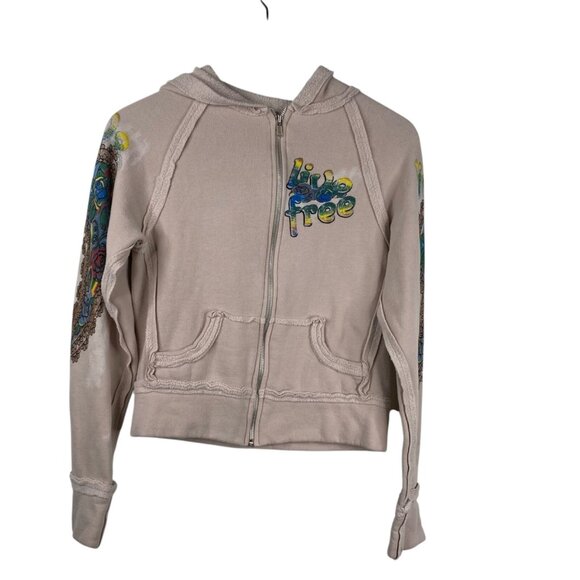 2B Free Zip Up Hoodie Juniors Butterfly Graphic Tan Size XS 90's Y2K - Picture 2 of 13